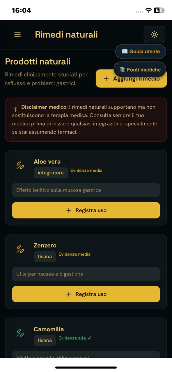 Schermata Rimedi naturali GastroBalance con disclaimer medico