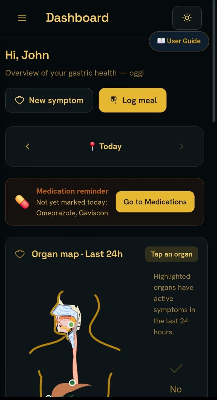 StomachEaser dashboard showing symptom and meal tracking