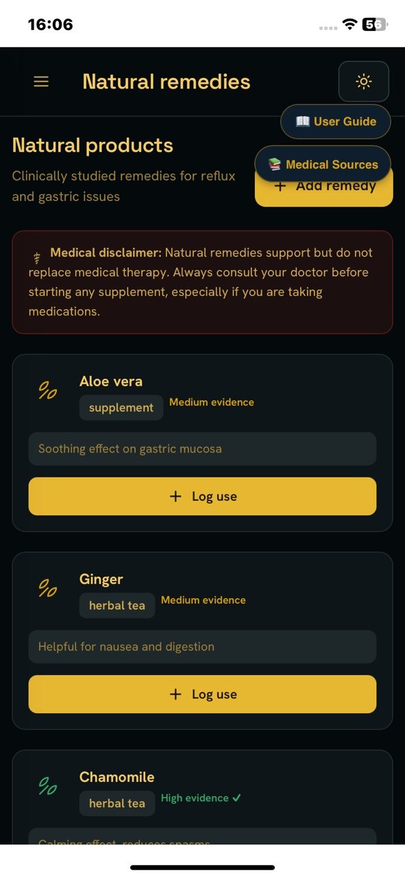 StomachEaser natural remedies screen with medical disclaimer